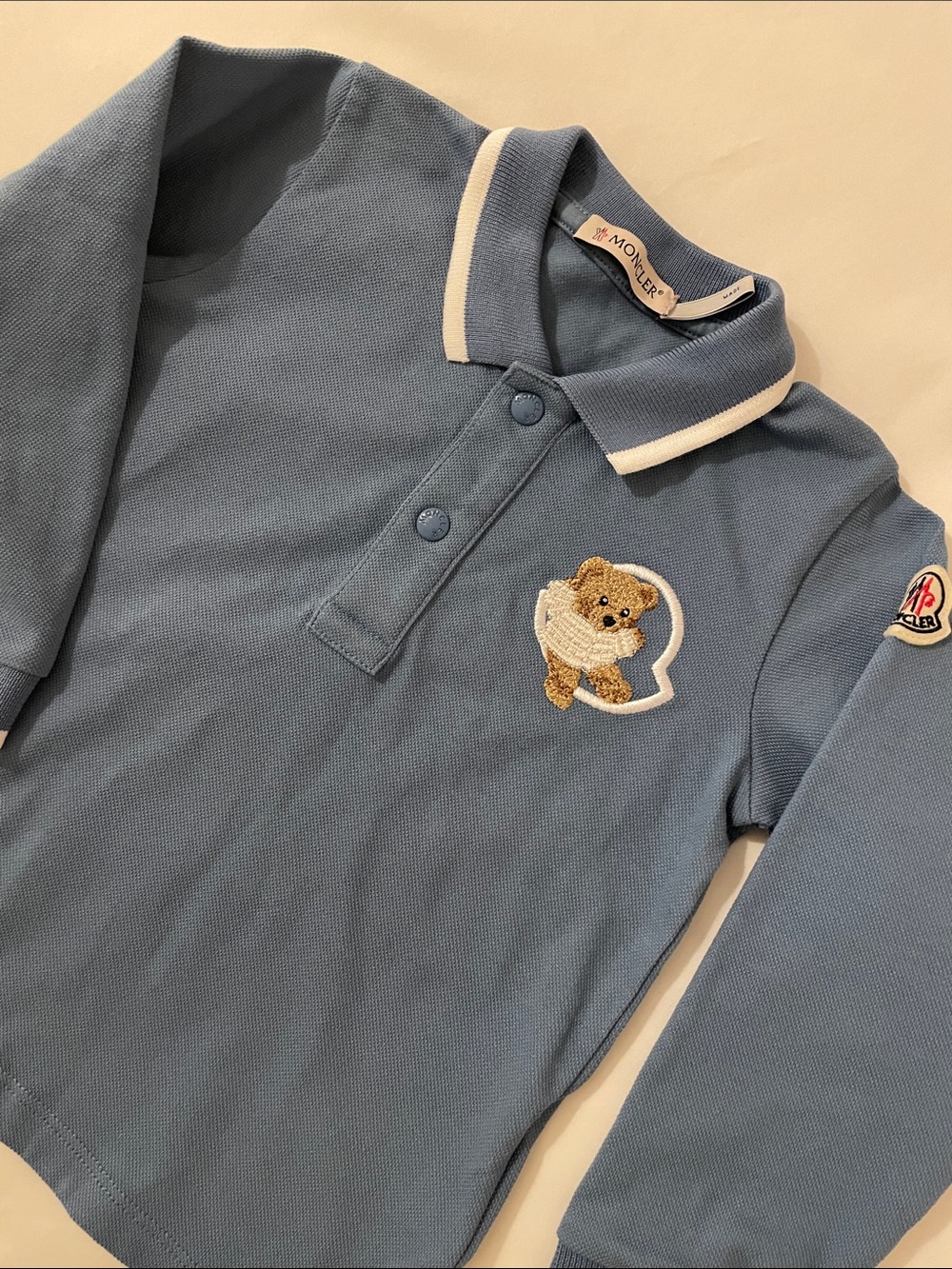 Moncler Boys Blue Polo with Teddy Patch and White Trim 12/18 Months